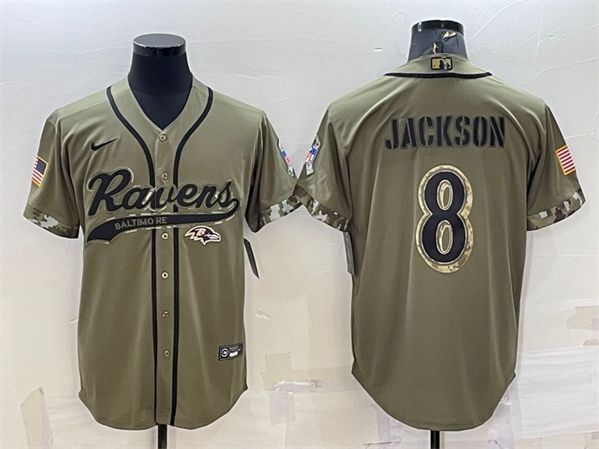 Baltimore Ravens #8 Lamar Jackson Olive 2022 Salute To Service Cool Base Stitched Baseball Jersey