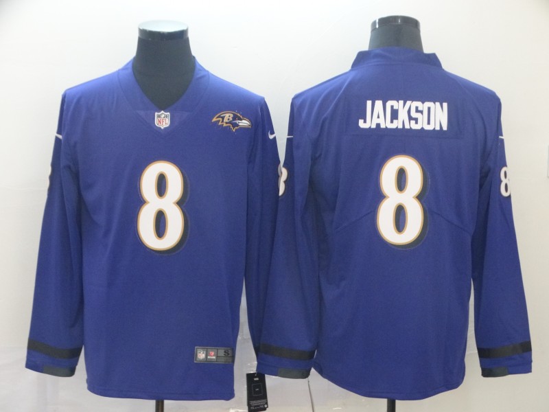 Baltimore Ravens #8 Lamar Jackson Purple Therma Long Sleeve Stitched Jersey