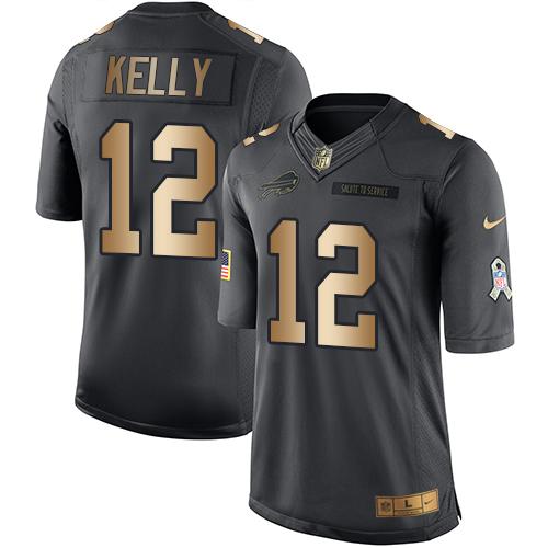 Bills #12 Jim Kelly Black Stitched Limited Gold Salute To Service Nike Jersey