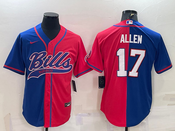 Buffalo Bills #17 Josh Allen Royal Red Split With Patch Cool Base Stitched Baseball Jersey