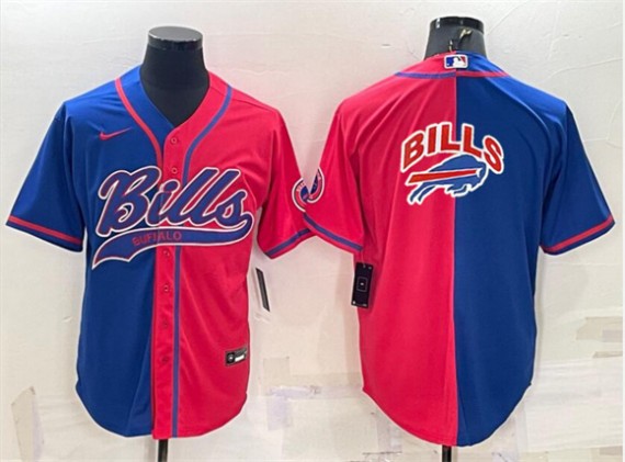 Buffalo Bills Blank Royal Red Split Team Big Logo With Patch Cool Base Stitched Baseball Jersey