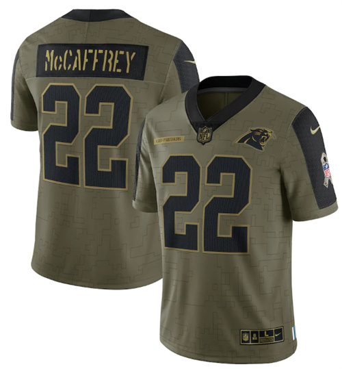 Carolina Panthers #22 Christian McCaffrey 2021 Olive Salute To Service Limited Stitched Jersey