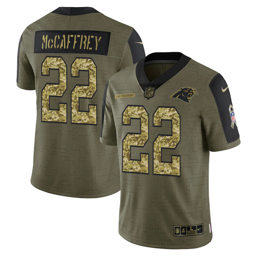 Carolina Panthers #22 Christian McCaffrey 2021 Olive Camo Salute To Service Limited Stitched Jersey