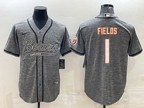 Chicago Bears #1 Justin Fields Gray With Patch Cool Base Stitched Baseball Jersey