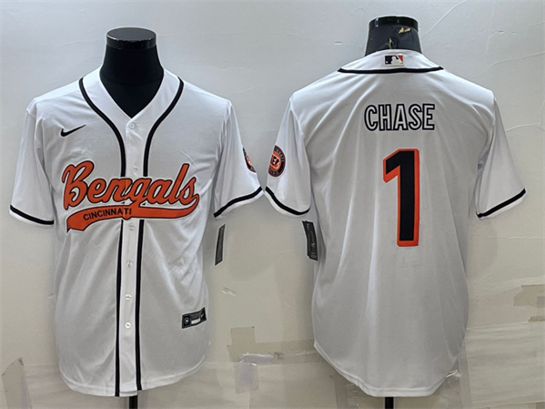 Cincinnati Bengals #1 Ja'Marr Chase White With Patch Cool Base Stitched Baseball Jersey