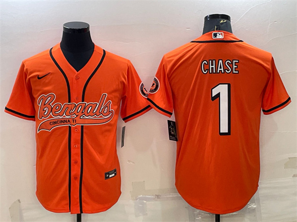 Cincinnati Bengals #1 Ja'Marr Chase Orange With Patch Cool Base Stitched Baseball Jersey