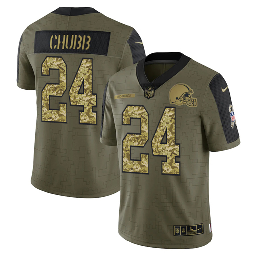Cleveland Browns #24 Nick Chubb 2021 Olive Camo Salute To Service Limited Stitched Jersey