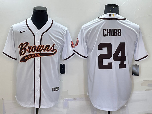 Cleveland Browns #24 Nick Chubb White With Patch Cool Base Stitched Baseball Jersey