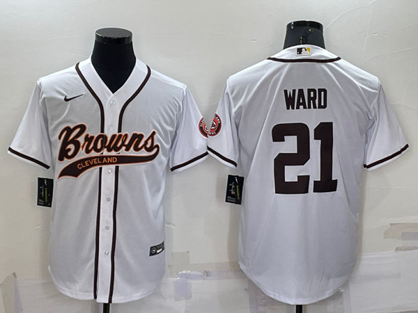 Cleveland Browns #21 Denzel Ward White With Patch Cool Base Stitched Baseball Jersey