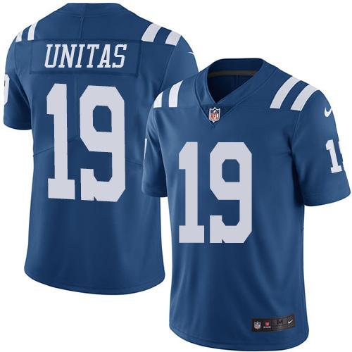 Colts #19 Johnny Unitas Royal Blue Stitched Limited Rush Nike Jersey
