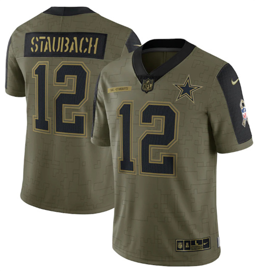 Dallas Cowboys #12 Roger Staubach 2021 Olive Salute To Service Limited Stitched Jersey