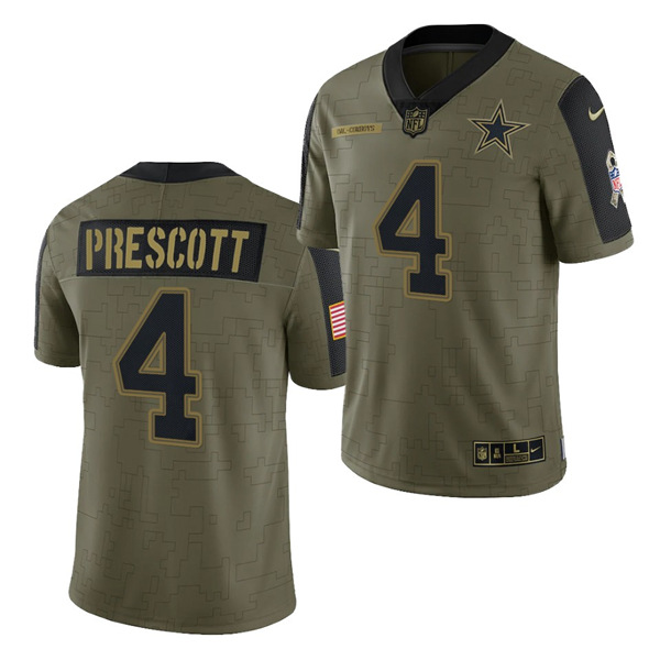 Dallas Cowboys #4 Dak Prescot 2021 Olive Salute To Service Limited Stitched Jersey