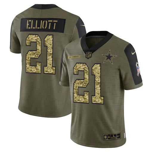 Dallas Cowboys #21 Ezekiel Elliott 2021 Olive Camo Salute To Service Limited Stitched Jersey