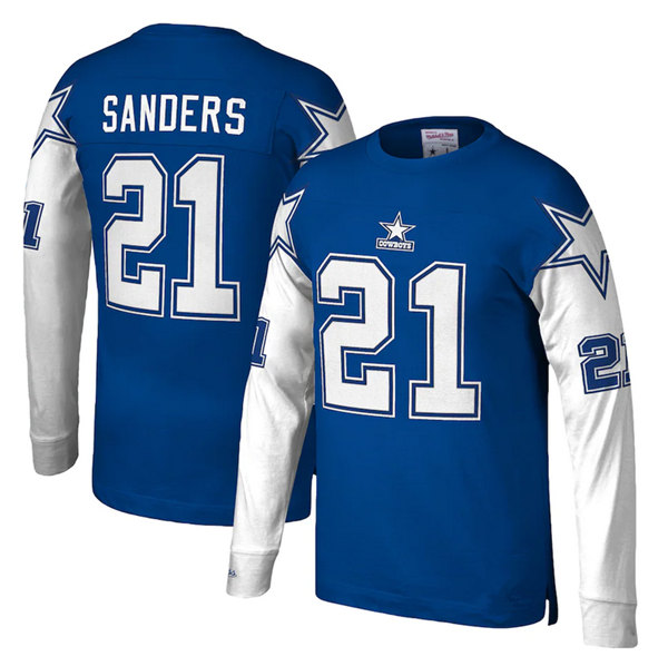 Dallas Cowboys #21 Deion Sanders Royal Mitchell Ness Throwback Long Sleeve Stitched Jersey