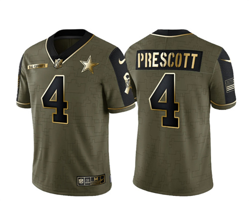 Dallas Cowboys #4 Dak Prescott 2021 Olive Salute To Service Golden Limited Stitched Jersey