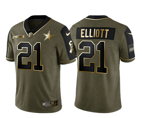 Dallas Cowboys #21 Ezekiel Elliott 2021 Olive Salute To Service Golden Limited Stitched Jersey
