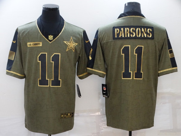Dallas Cowboys #11 Micah Parsons 2021 Olive Salute To Service Golden Limited Stitched Jersey