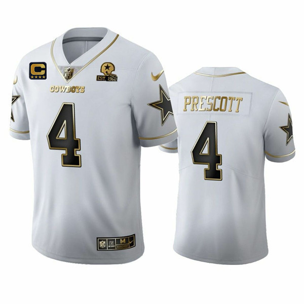 Dallas Cowboys #4 Dak Prescott White Golden Edition With C Patch And 1960 Patch Limited Stitched Jersey