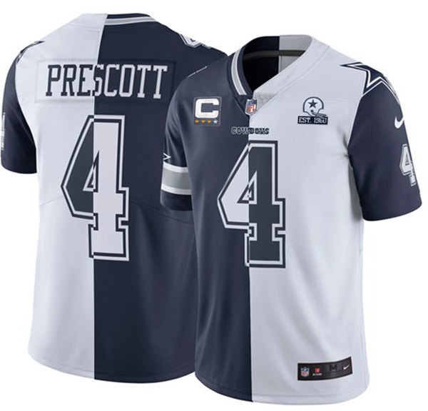 Dallas Cowboys #4 Dak Prescott Navy White Split With C Patch And 1960 Patch Limited Stitched Jersey