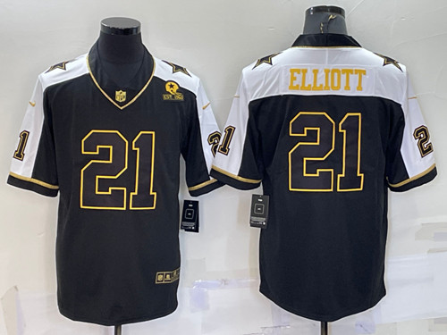 Dallas Cowboys #21 Ezekiel Elliott Black Gold Thanksgiving With Patch Stitched Jersey