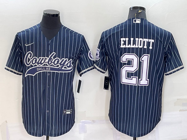 Dallas Cowboys #21 Ezekiel Elliott Navy With Patch Cool Base Stitched Baseball Jersey