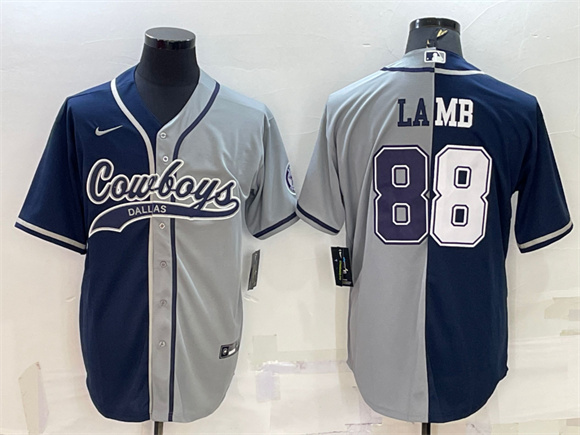 Dallas Cowboys #88 CeeDee Lamb Navy Gray Split With Patch Cool Base Stitched Baseball Jersey