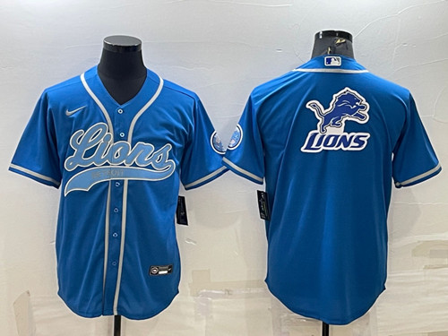 Detroit Lions Blue Team Big Logo With Patch Cool Base Stitched Baseball Jersey