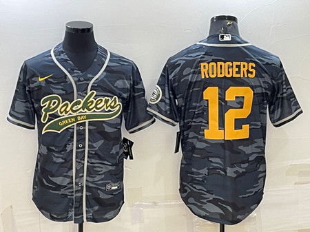 Green Bay Packers #12 Aaron Rodgers Gray Gold Camo With Patch Cool Base Stitched Baseball Jersey
