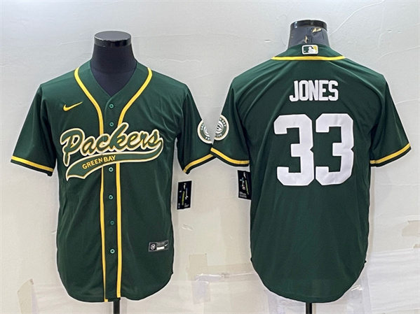 Green Bay Packers #33 Aaron Jones Green With Patch Cool Base Stitched Baseball Jersey