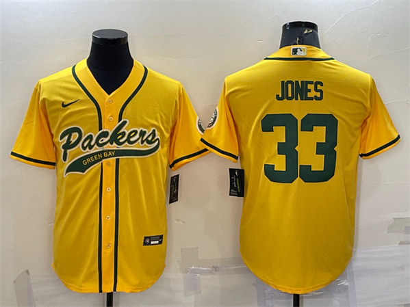 Green Bay Packers #33 Aaron Jones Gold With Patch Cool Base Stitched Baseball Jersey