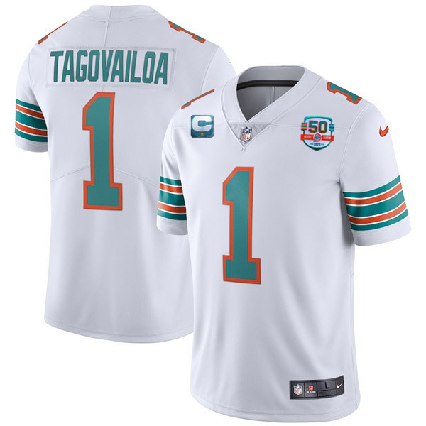 Miami Dolphins #1 Tua Tagovailoa 2022 White With 50th Perfect Season Patch Limited Stitched Jersey