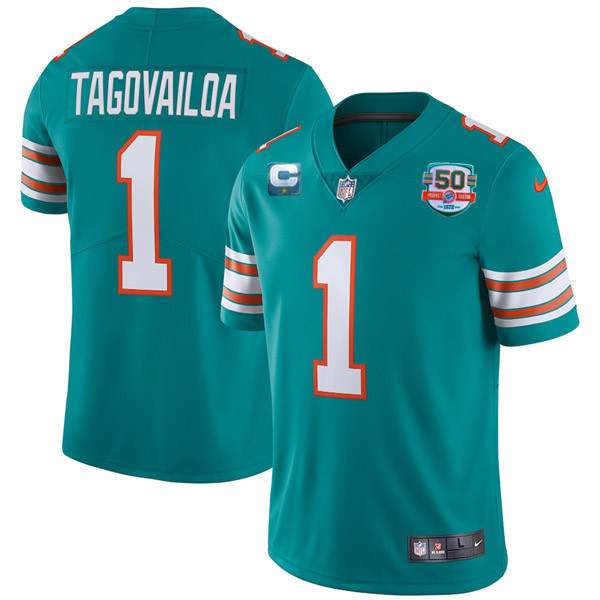 Miami Dolphins #1 Tua Tagovailoa 2022 Aqua With 50th Perfect Season Patch Limited Stitched Jersey