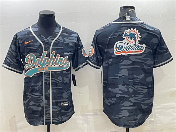 Miami Dolphins Gray Camo Team Big Logo With Patch Cool Base Stitched Baseball Jersey