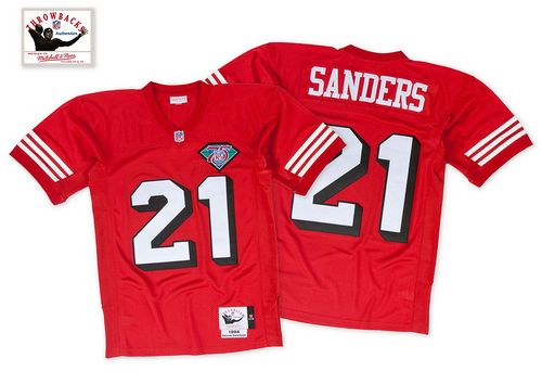 Mitchell And Ness 75TH 49ers #21 Deion Sanders Red Stitched Throwback Jersey