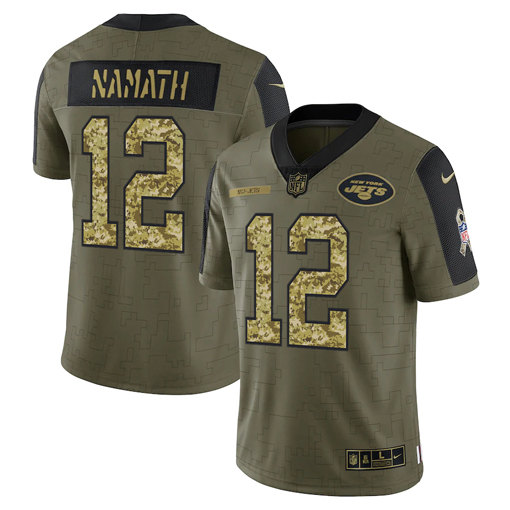 New York Jets #12 Joe Namath 2021 Olive Camo Salute To Service Limited Stitched Jersey