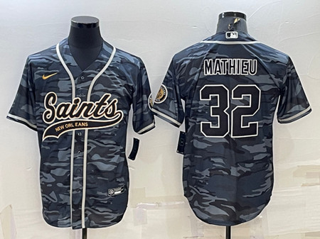 New Orleans Saints #32 Tyrann Mathieu Gray Camo With Patch Cool Base Stitched Baseball Jersey