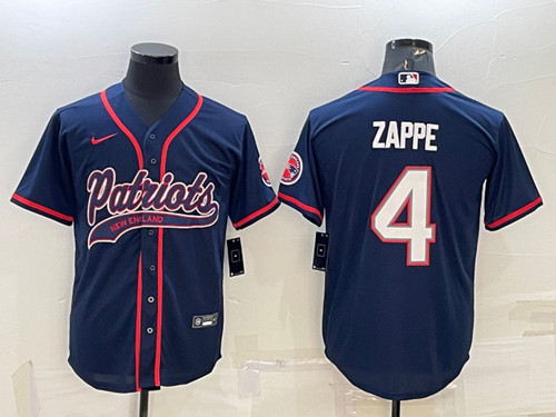 New England Patriots #4 Bailey Zappe Navy With Path Cool Base Stitched Baseball Jersey