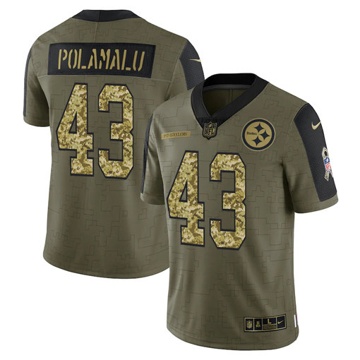 Pittsburgh Steelers #43 Troy Polamalu 2021 Olive Camo Salute To Service Limited Stitched Jersey