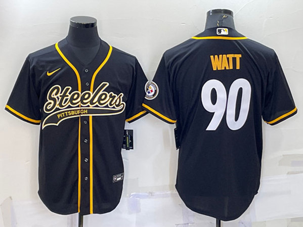 Pittsburgh Steelers #90 T.J. Watt Black With Patch Cool Base Stitched Baseball Jersey