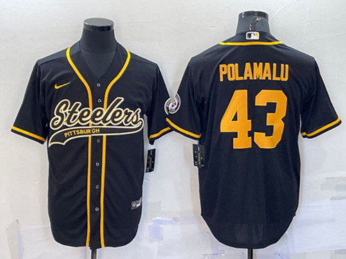 Pittsburgh Steelers #43 Troy Polamalu Black Gold With Patch Cool Base Stitched Baseball Jersey