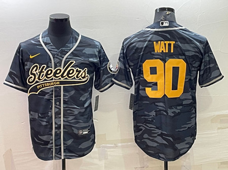 Pittsburgh Steelers #90 T. J. Watt Gray Navy Camo With Patch Cool Base Stitched Baseball Jersey