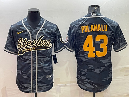 Pittsburgh Steelers #43 Troy Polamalu Gray Navy Camo With Patch Cool Base Stitched Baseball Jersey