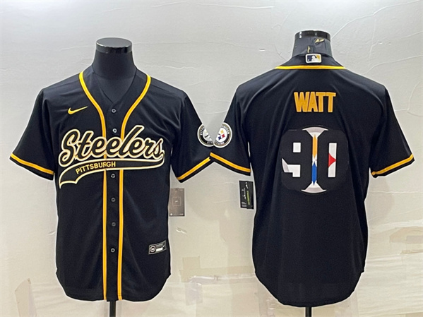 Pittsburgh Steelers #90 T. J. Watt Black Team Big Logo With Patch Cool Base Stitched Baseball Jersey