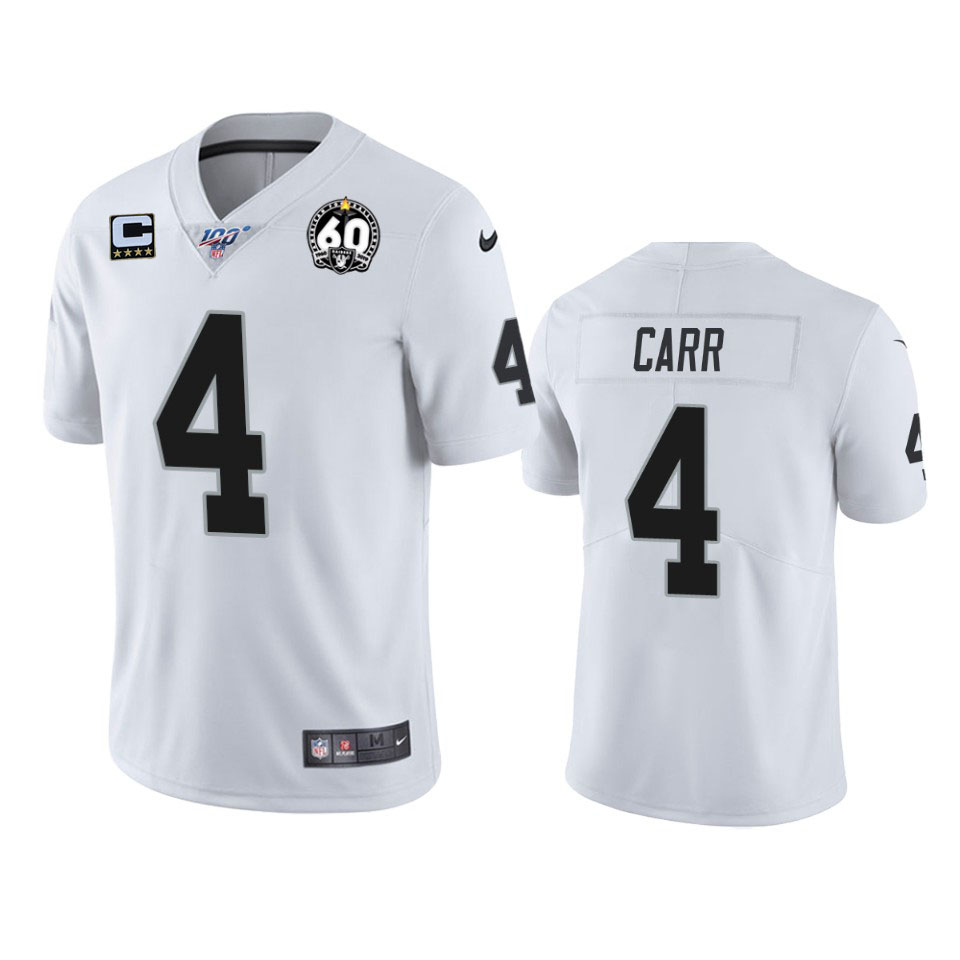 Raiders #4 Derek Carr White 60th Anniversary With C Patch Vapor Limited Stitched 100th Season Jersey.