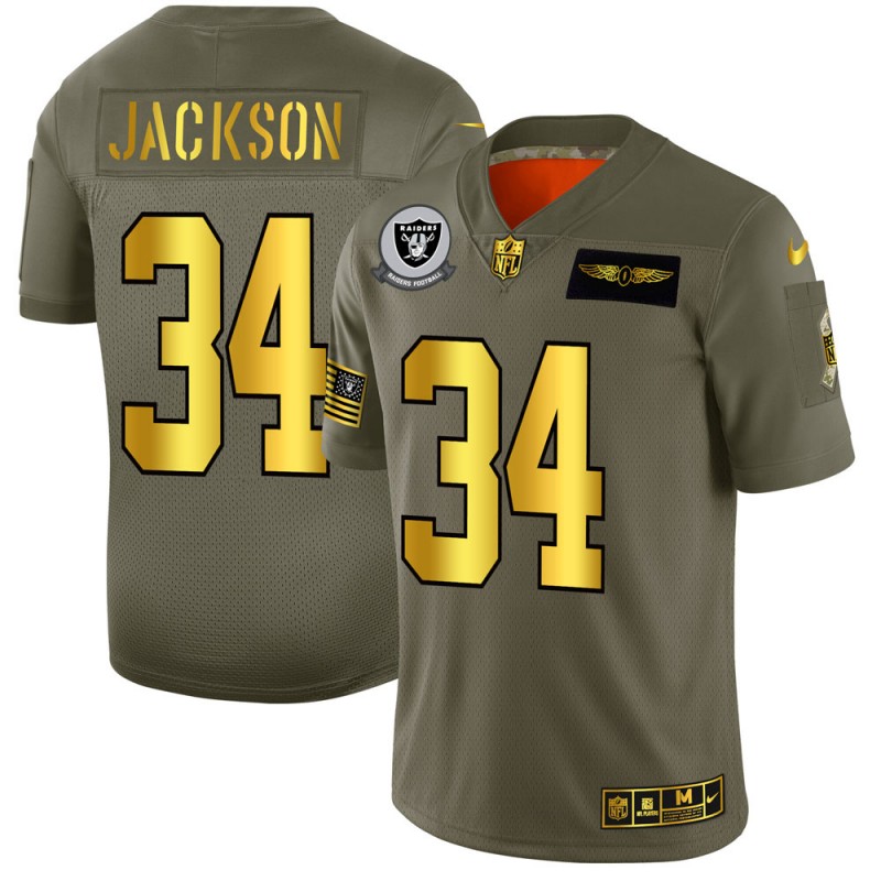Raiders #34 Bo Jackson 2019 Olive Gold Salute To Service Limited Stitched Jersey