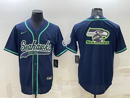 Seattle Seahawks Navy Team Big Logo With Patch Cool Base Stitched Baseball Jersey