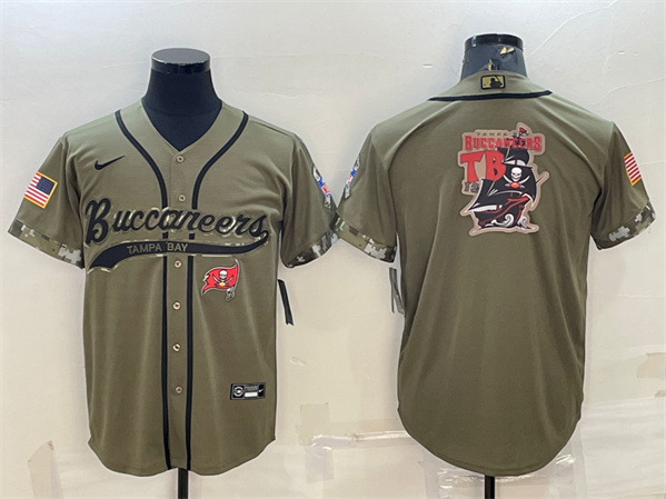 Tampa Bay Buccaneers Olive 2022 Salute To Service Team Big Logo Cool Base Stitched Baseball Jersey
