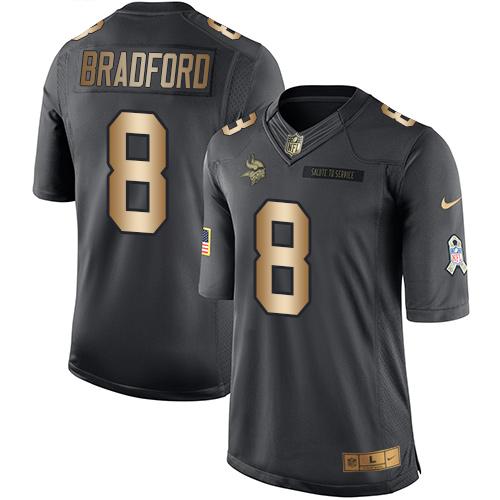 Vikings #8 Sam Bradford Black Stitched Limited Gold Salute To Service Nike Jersey
