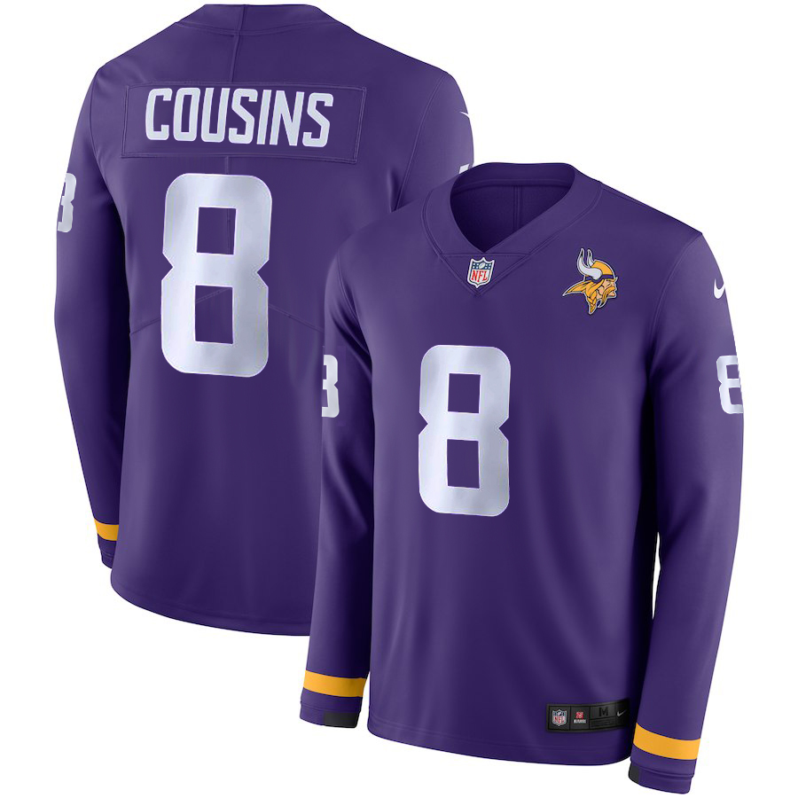 Vikings #8 Kirk Cousins Purple Therma Long Sleeve Stitched Jersey