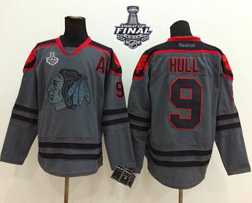 Blackhawks #9 Bobby Hull Charcoal Cross Check Fashion 2015 Stanley Cup Stitched Jersey